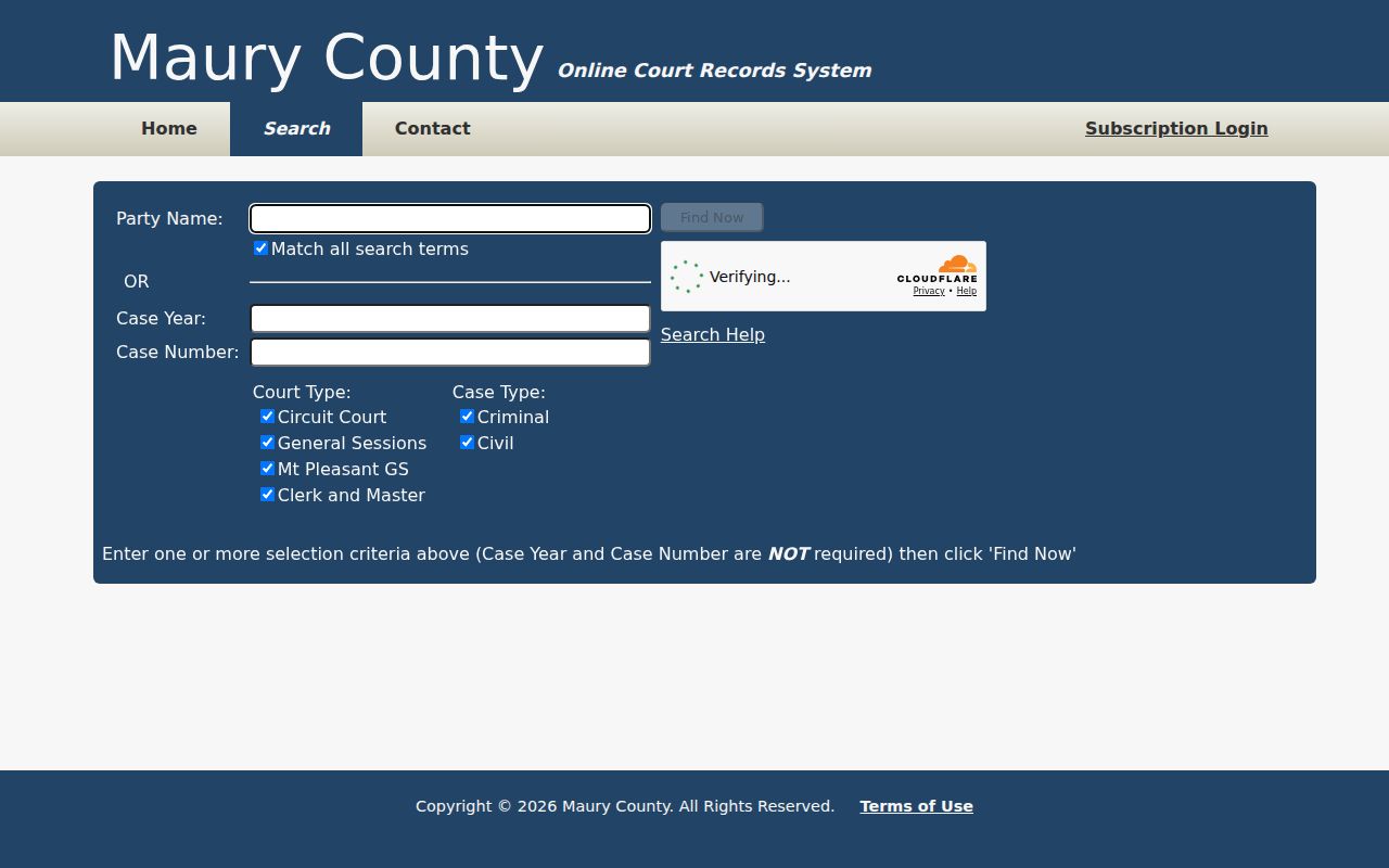 Maury County court docket case search form