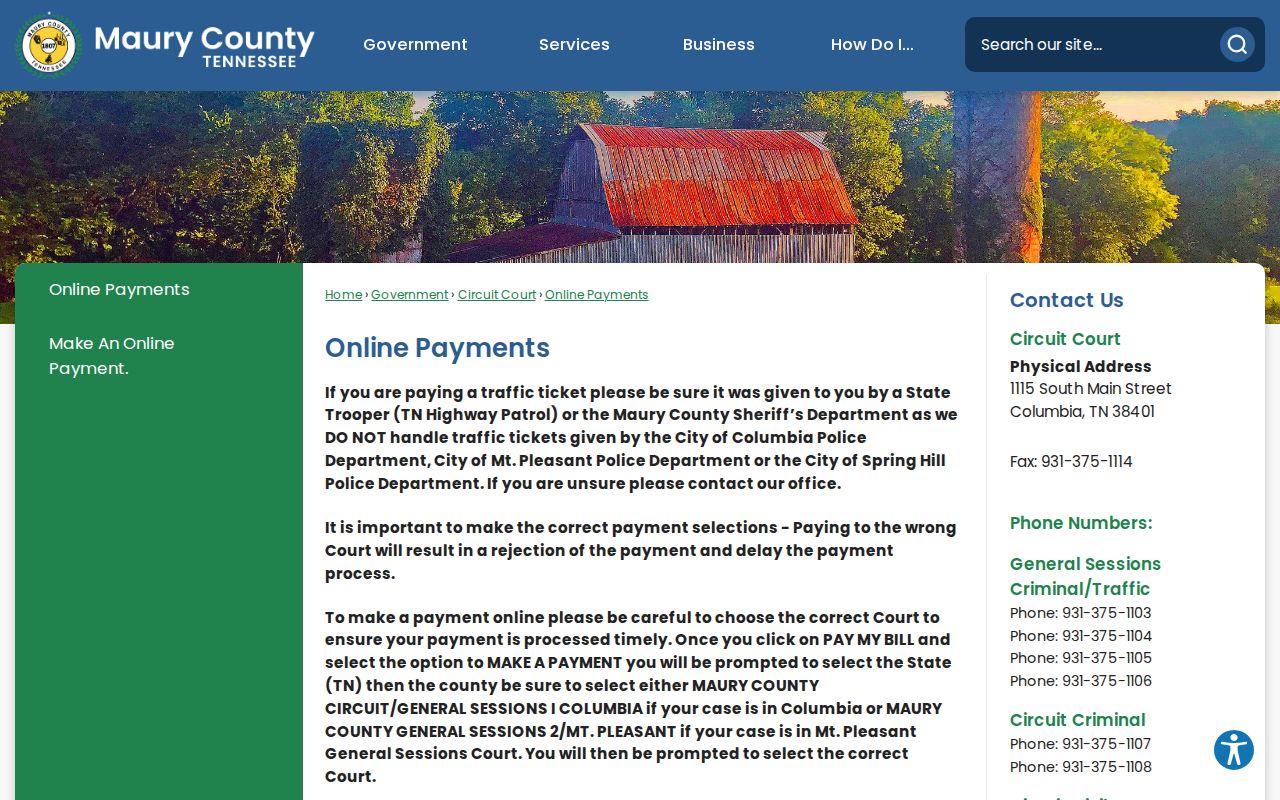 Maury County court docket and city ticket payment routing