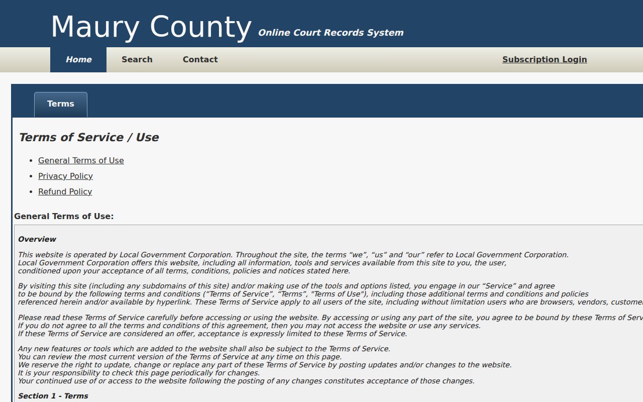 Maury County court docket portal terms and record limits
