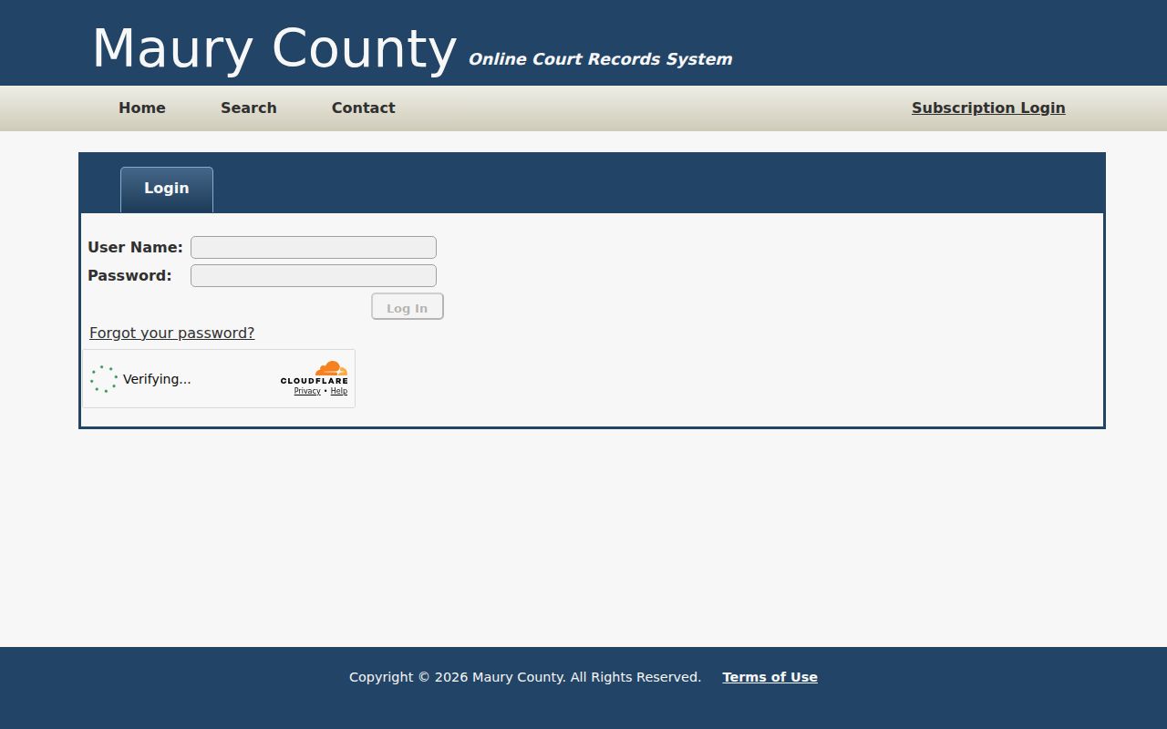 Maury County court docket subscription login screen