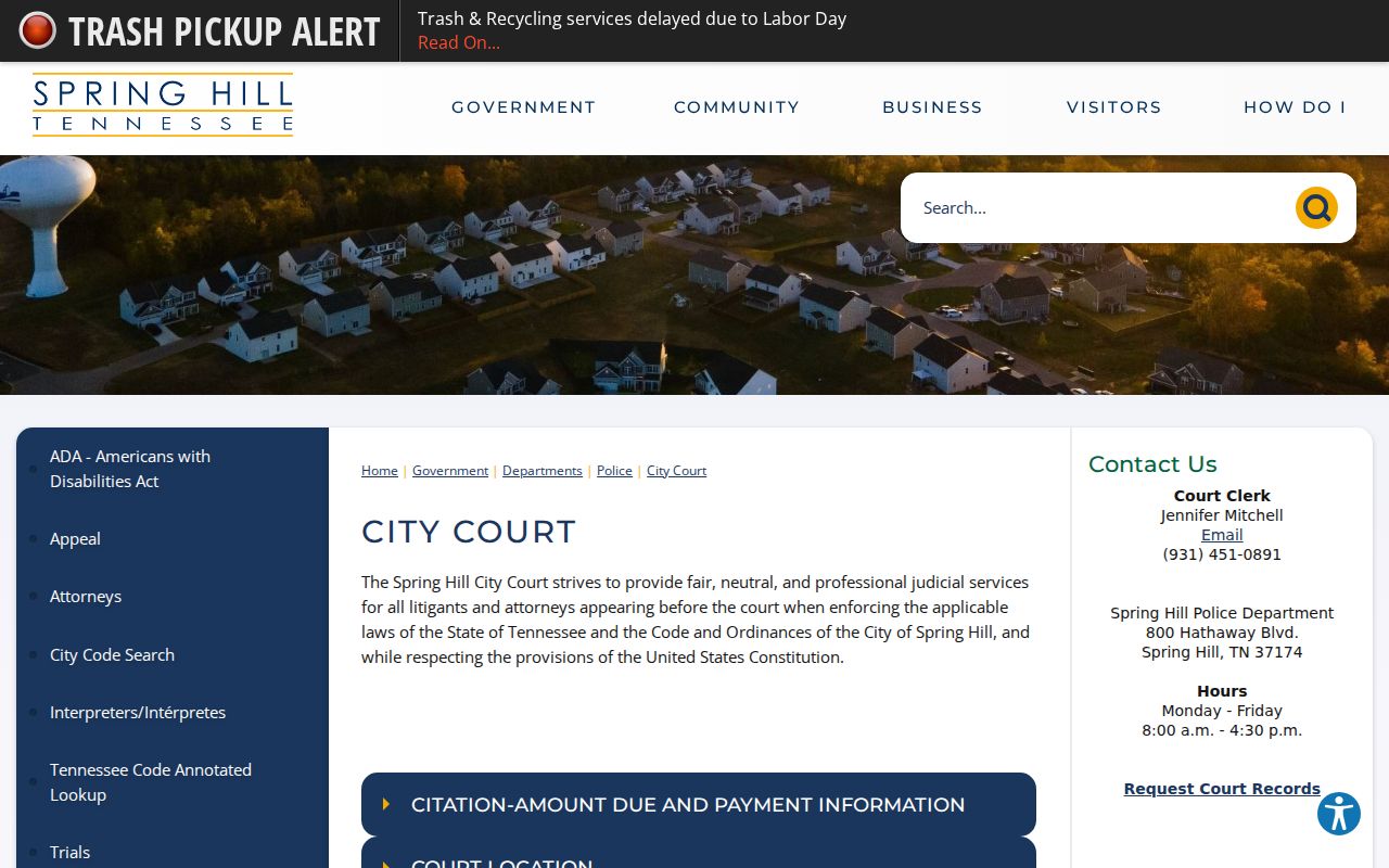 Spring Hill court records and official City Court procedures