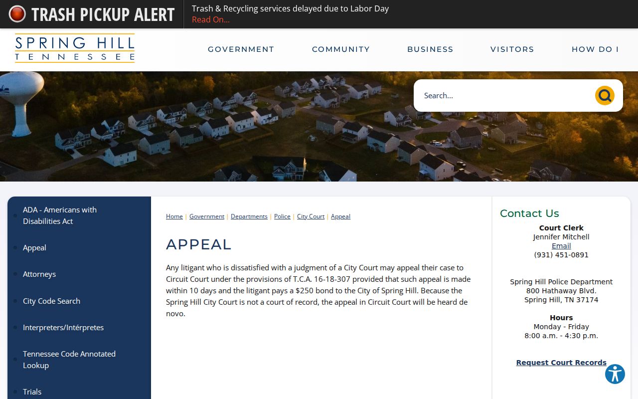 Spring Hill court records municipal appeal instructions